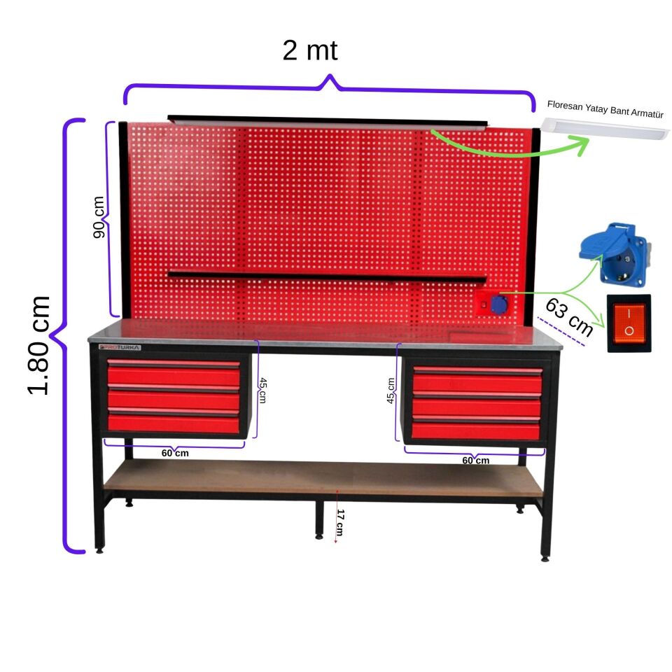 Proturka 6 Çekmeceli Çalışma Tezgahı Kırmızı 2 Mt
