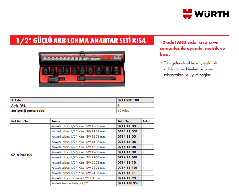 Würth 1/2 Inch Güçlü Altıgen Lokma Seti 12 Parça 0714900100