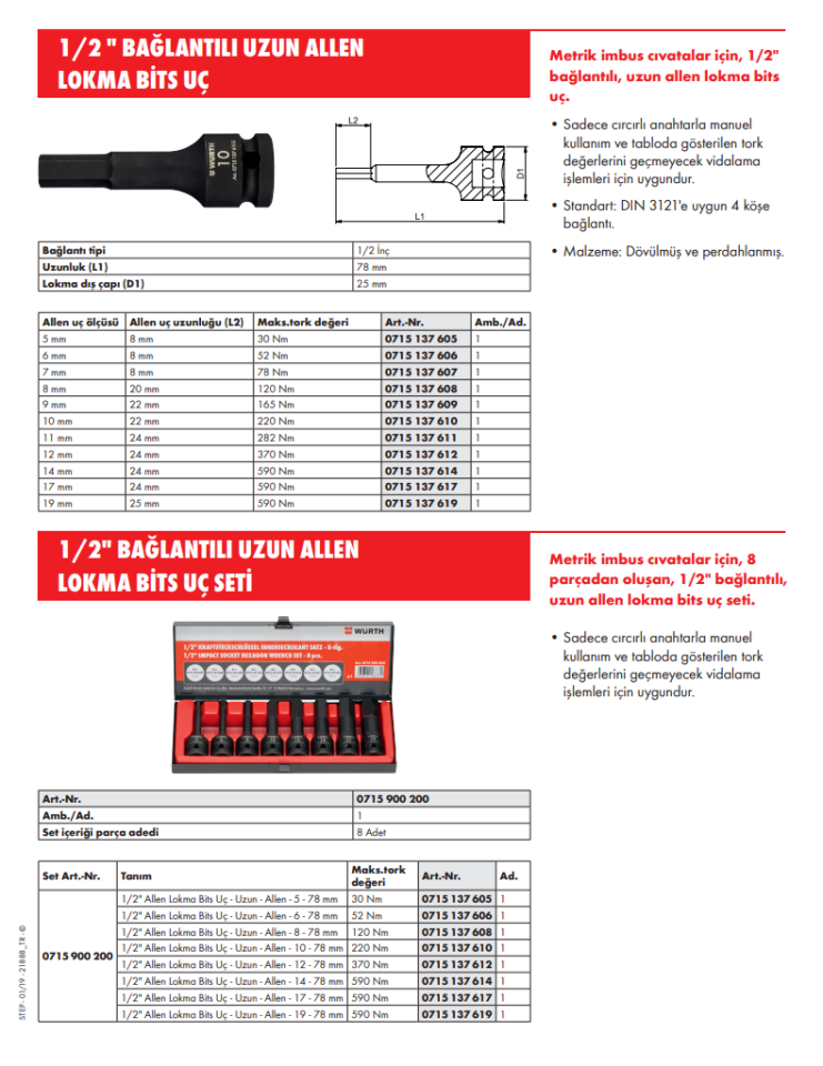 Würth 1/2 İnç Güçlü Lokma Anahtar Seti Altıköşe Uzun Allen 8 Parça 0715900200