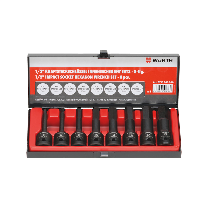 Würth 1/2 İnç Güçlü Lokma Anahtar Seti Altıköşe Uzun Allen 8 Parça 0715900200