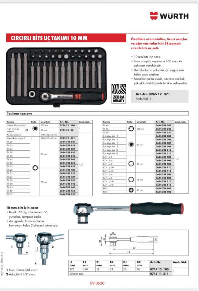 Würth Bits Uç Seti 1/2 Cırcır 38 Parça Zebra 096512371