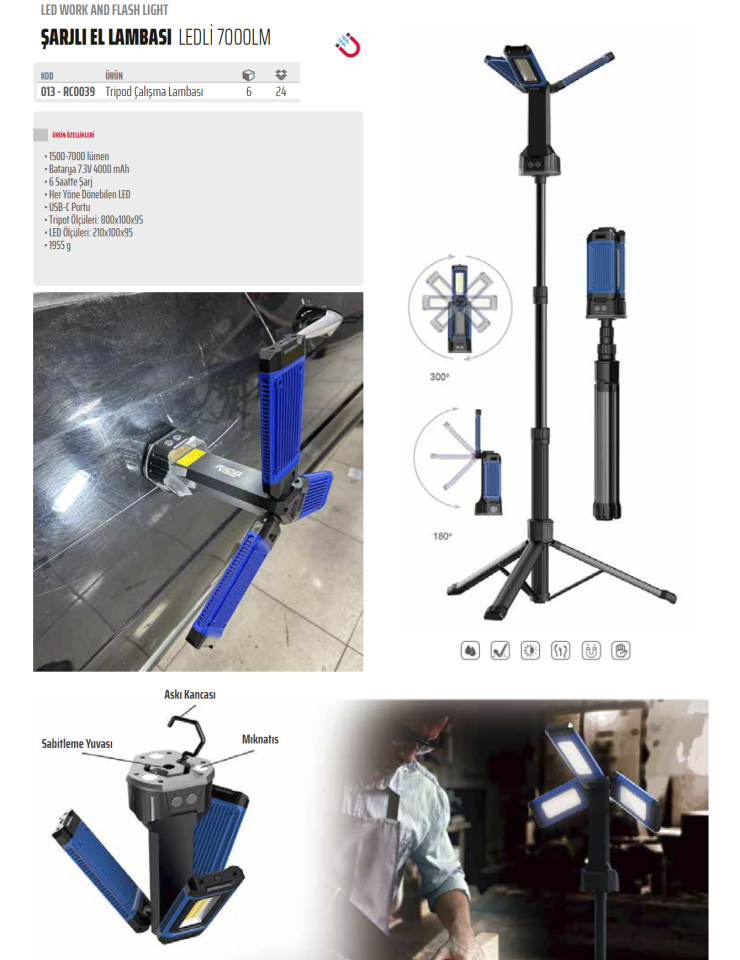 Rico 013-RC0039 Tripodlu Şarjlı LED Çalışma Lambası