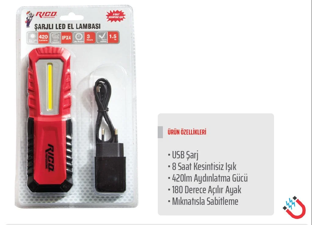 Rico 013-RC0038 Şarjlı Mıknatıslı Led Lamba 420 Lümen