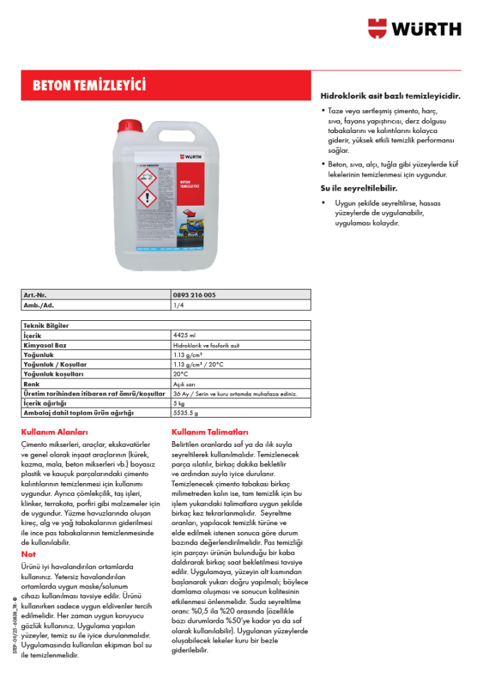 Würth Beton Temizleyici 5 Kg 0893216005