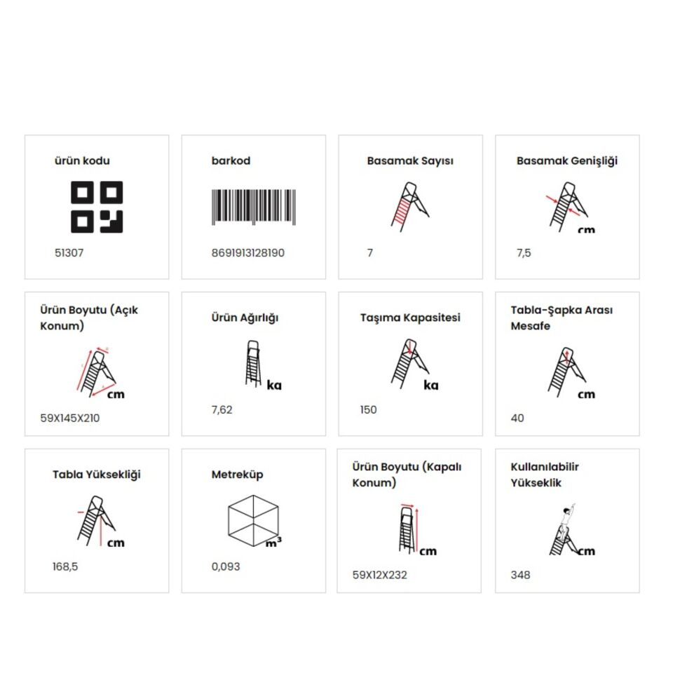 Doğrular Perilla Rıser Ev Tipi Siyah Merdiven 7+1