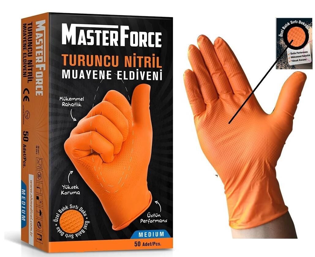 MasterForce Turuncu Nitril Muayene Eldiveni 50'Li