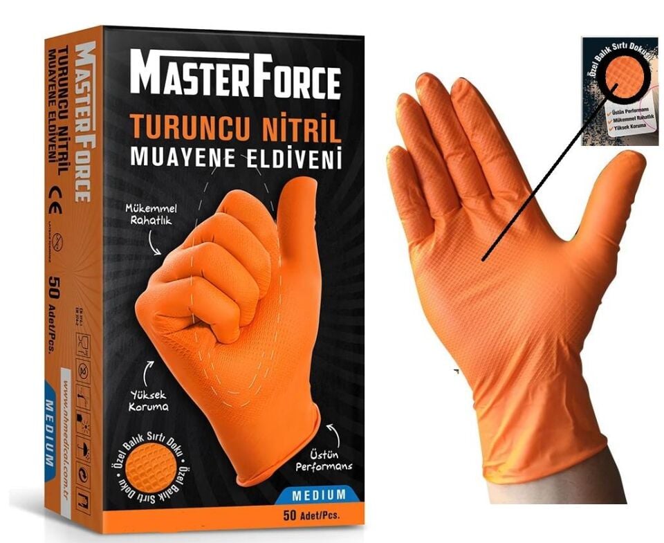 MasterForce Turuncu Nitril Muayene Eldiveni 50'Li