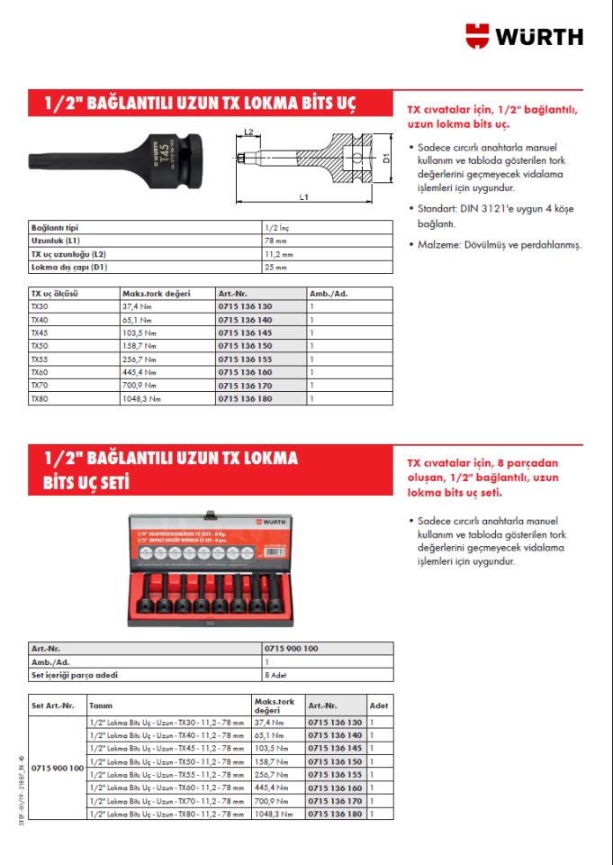 Würth 1/2 İnç Güçlü Lokma Anahtar Seti TX Uzun 8 Parça 0715900100