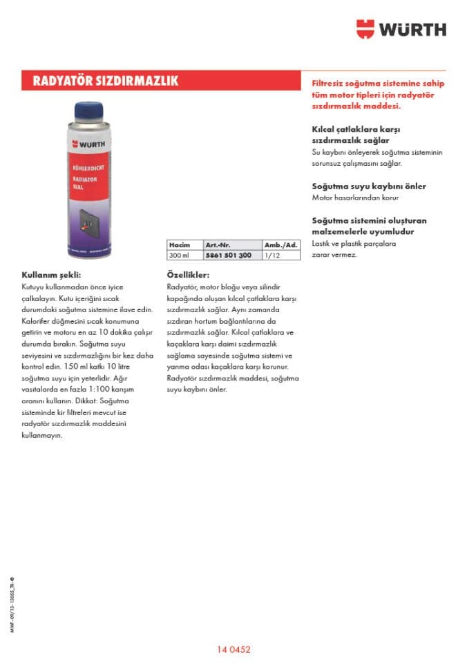 Würth Radyatör Sızıntı Önleyici 300 ML 5861501300