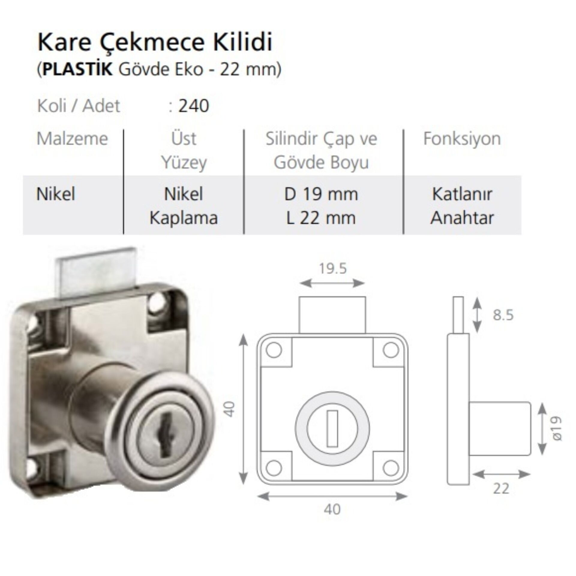 Canex Kare Çekmece Kilidi Nikel