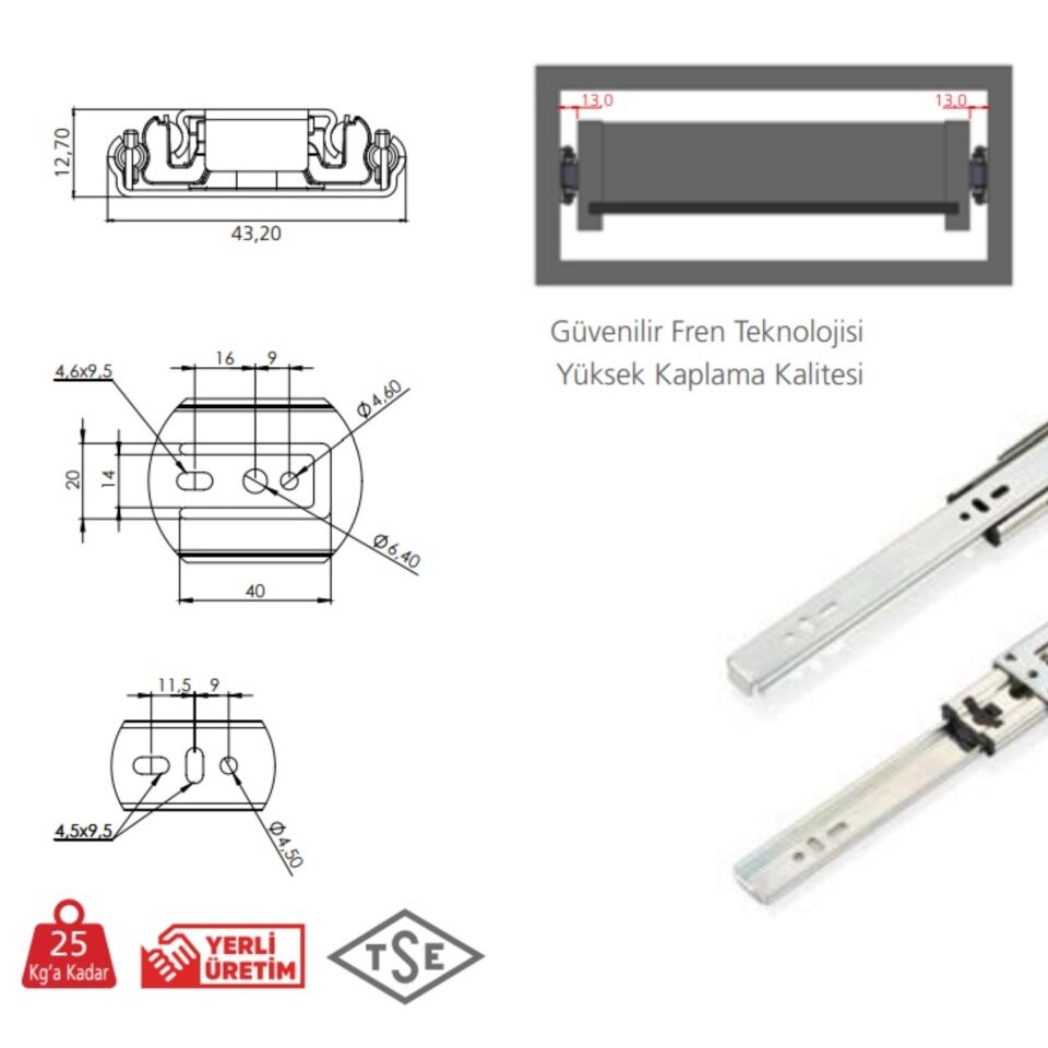 Canex Teleskopik Bilyalı Ray Frenli 43x30 Cm