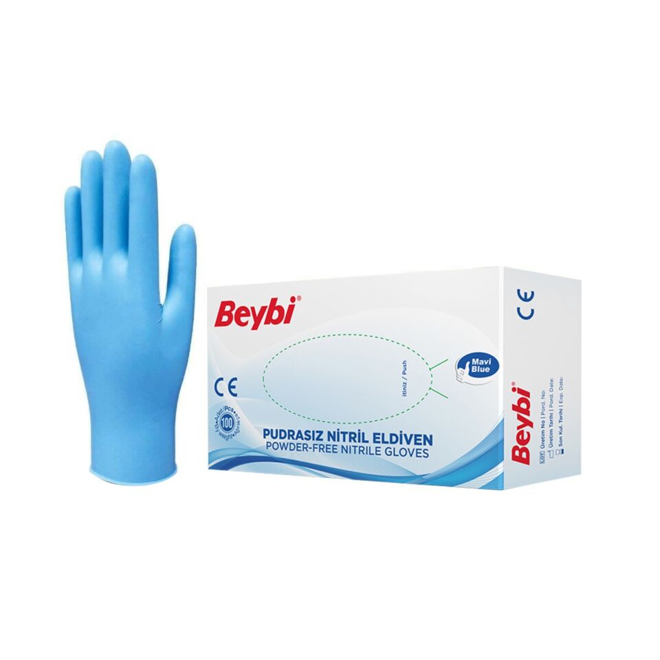 Beybi Mavi Pudrasız Nitril Muayene Eldiveni S