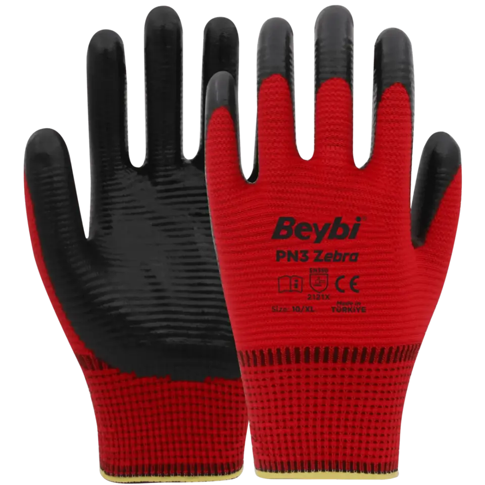 Beybi PN3 Zebra Eldiven Kırmızı Siyah No: 10 (288 Çift)