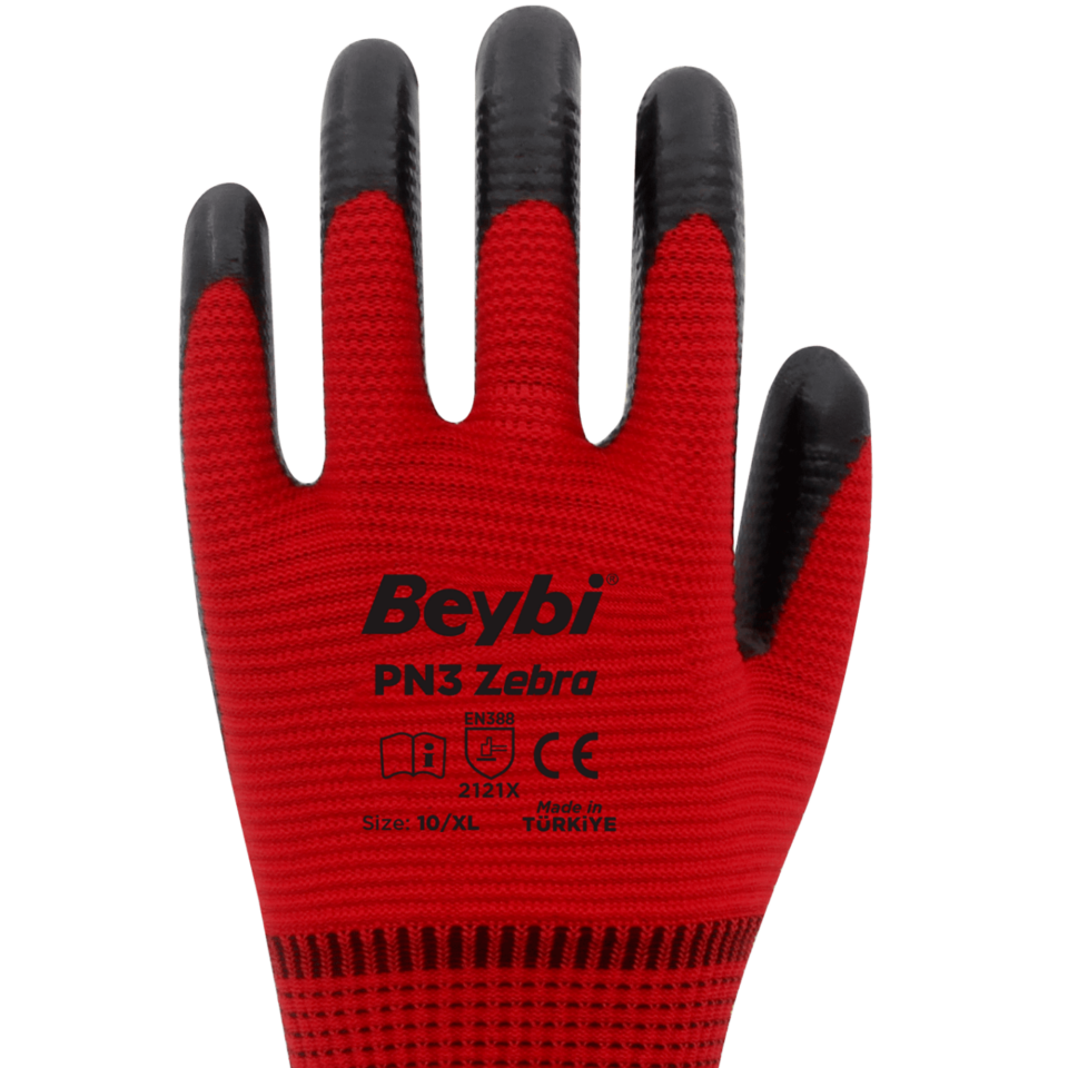 Beybi PN3 Zebra Eldiven Kırmızı Siyah No: 10 (288 Çift)