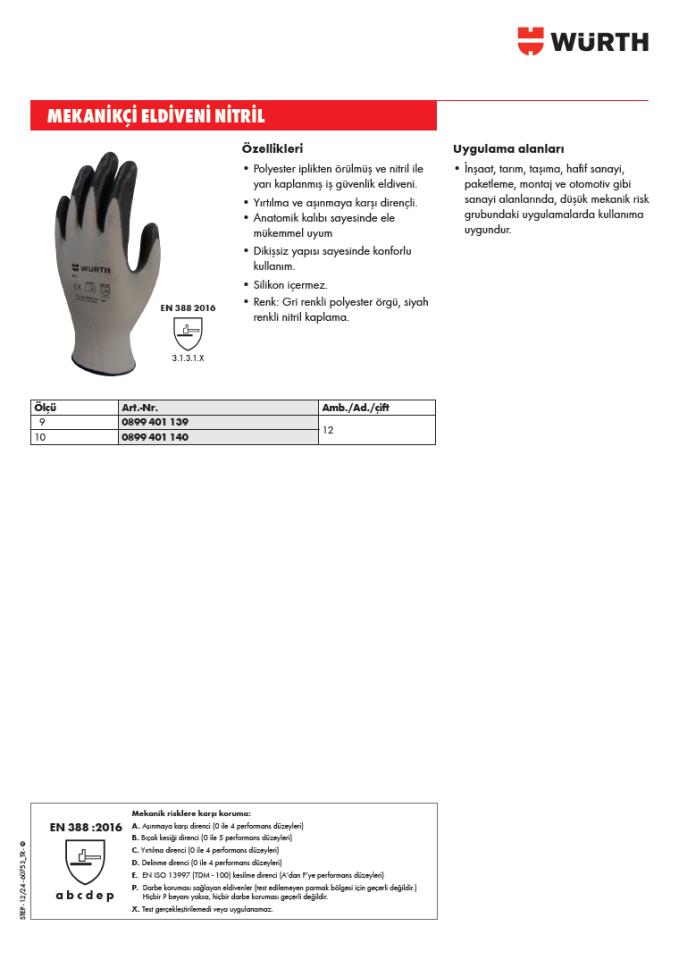 Würth İş Güvenlik Eldiveni Mekanikçi 0899401139 - 0899401140
