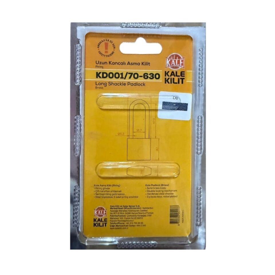 Kale Asma Kilit Uzun Kanca Sarı 30 Mm Kd001/70-630