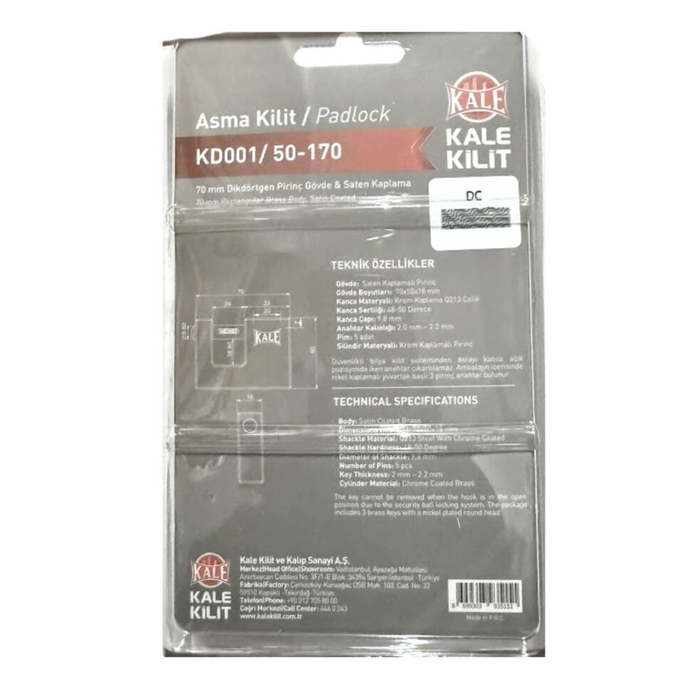 Kale Kayar Mil.asma Kilit Saten 70 Mm Kd001/50-170