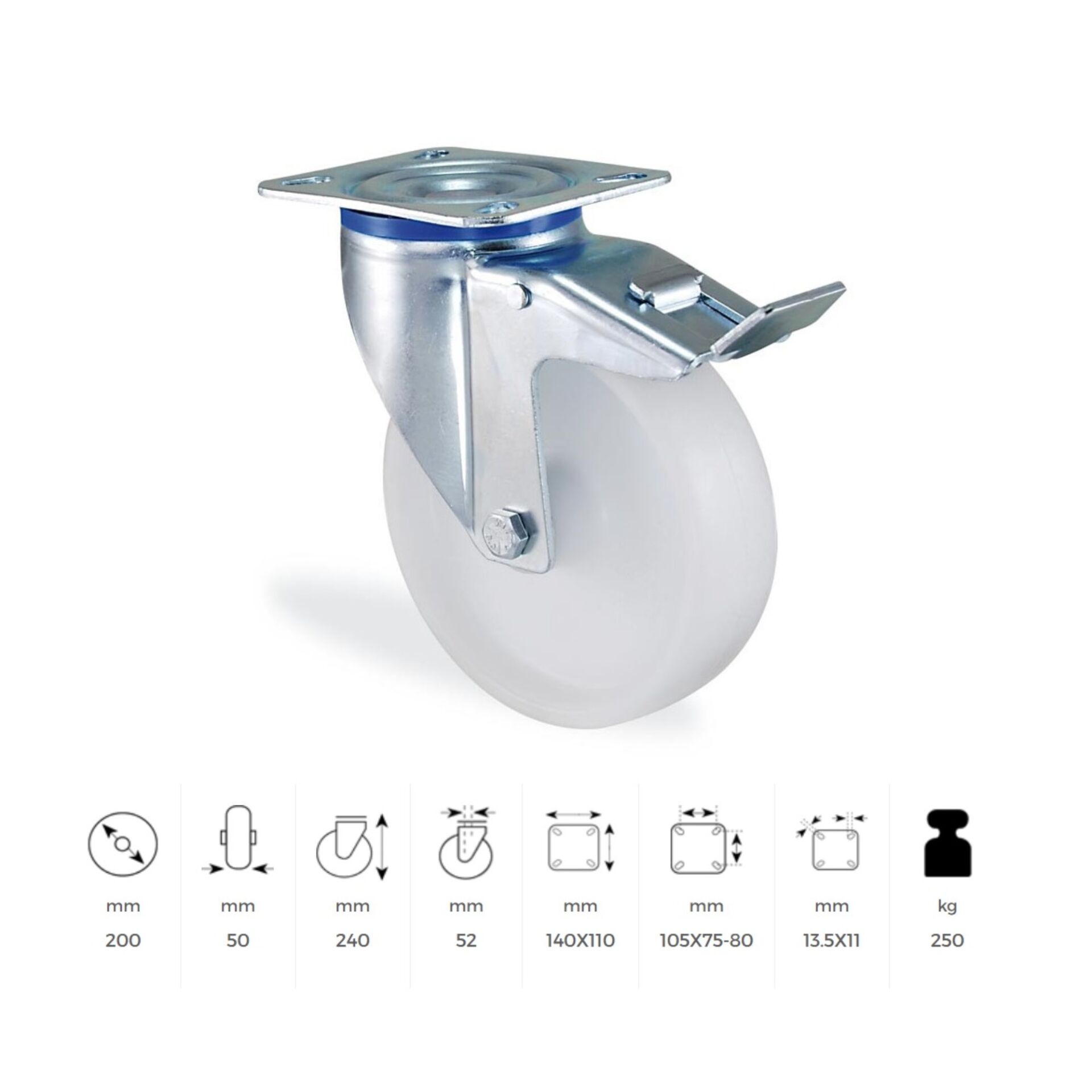 Kama Polyamid Beyaz Frenli Döner 200 Mm (rmb200f)