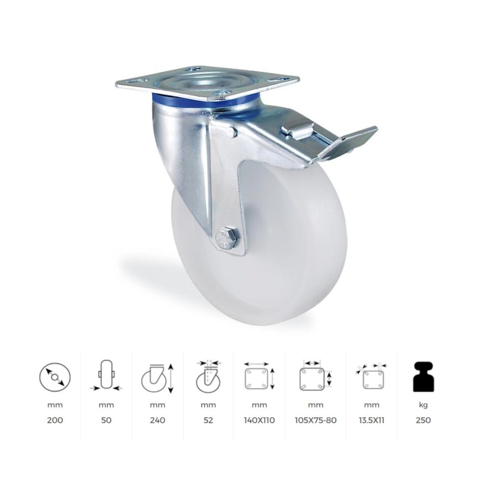 Kama Polyamid Beyaz Frenli Döner 200 Mm (rmb200f)