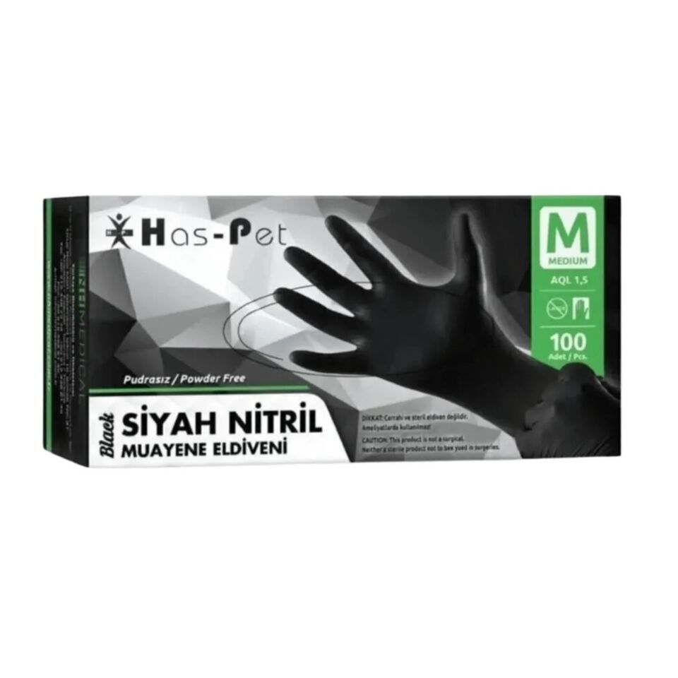 Haspet Siyah Pudrasız Nitril Muayene Eldiveni M