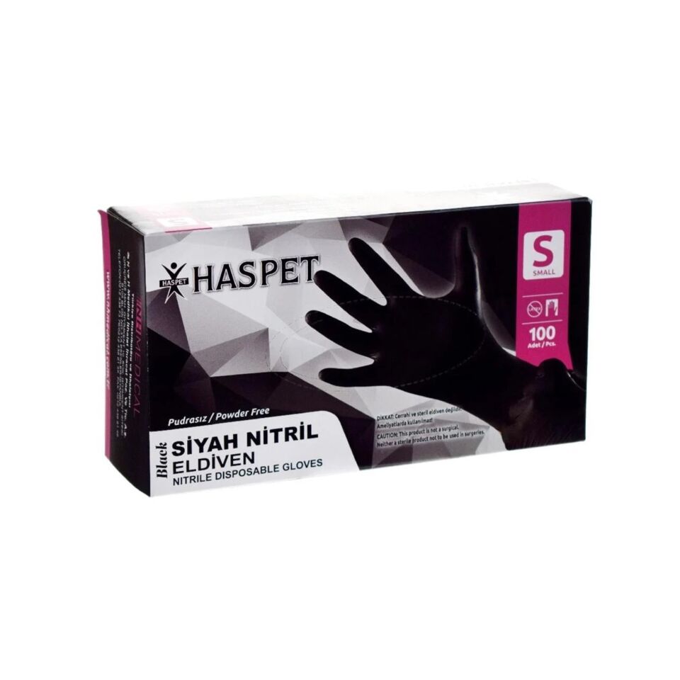 Haspet Siyah Pudrasız Nitril Muayene Eldiveni S