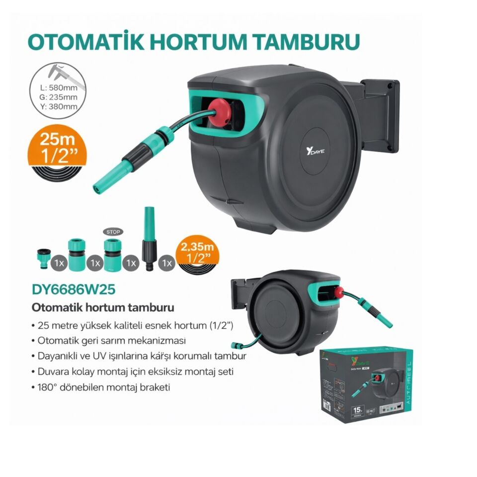 Daye Dy6686w25 Otomatik Hortum Tamburu 25 Mt