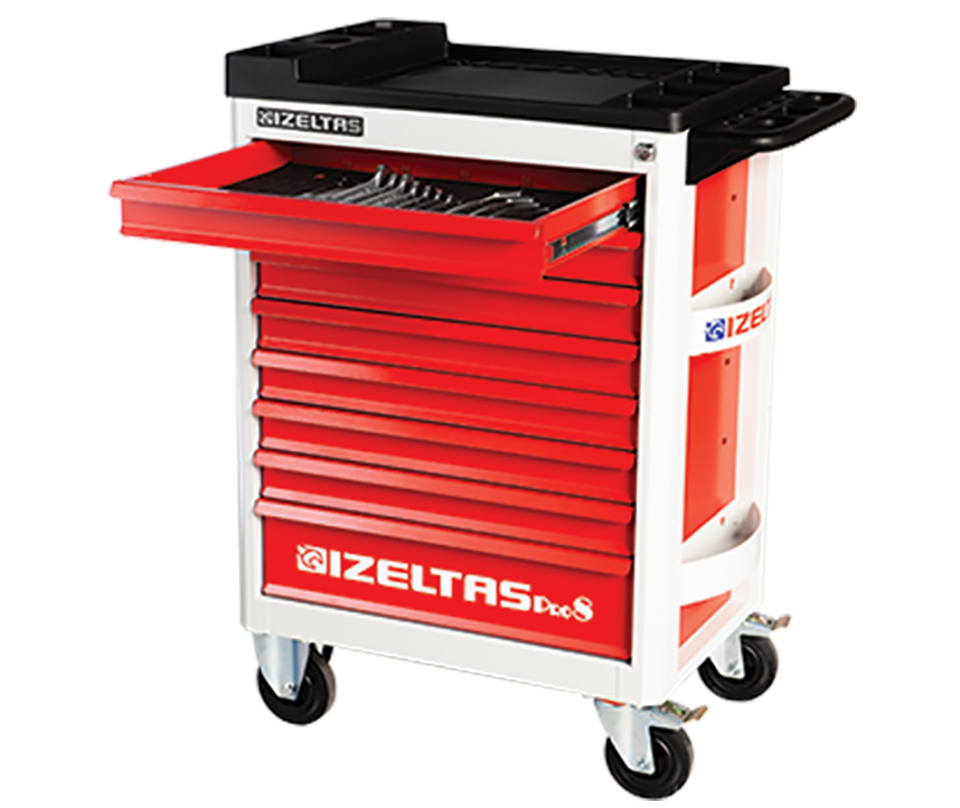 İzeltaş Pro Mobil 8 Çekmeceli Takım Dolabı Gri Gövde - Kırmızı Çekmece - 8241321008